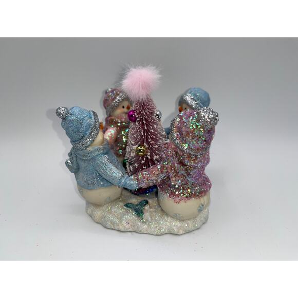 Vintage Four Pastel Pink Blue Snowmen & Pink Bottle Brush Tree Faux Fur OMG OOAK - Picture 6 of 16